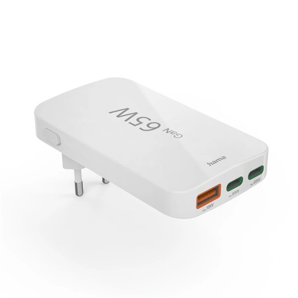 Hama rychlá USB nabíječka GaN 2x USB-C + USB-A, PD/QC 65 W, plochá, skládací