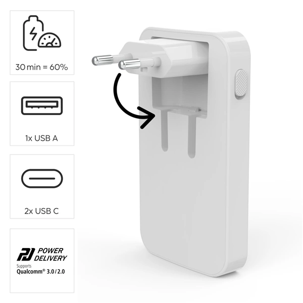 Hama rychlá USB nabíječka GaN 2x USB-C + USB-A, PD/QC 65 W, plochá, skládací