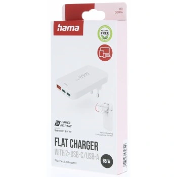 Hama rychlá USB nabíječka GaN 2x USB-C + USB-A, PD/QC 65 W, plochá, skládací