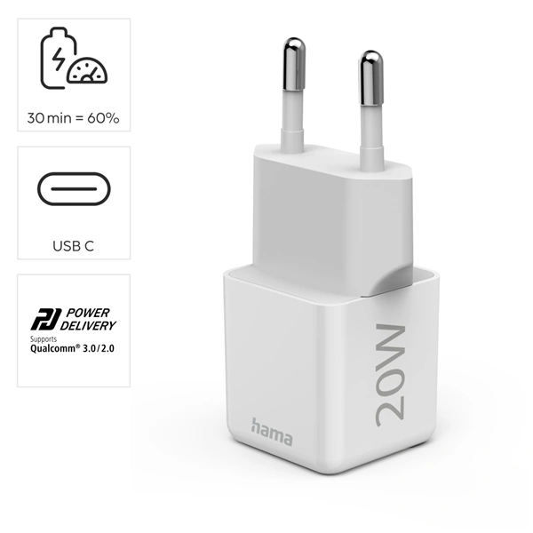 Hama rychlá USB nabíječka, USB-C PD/QC 20 W, super-mini