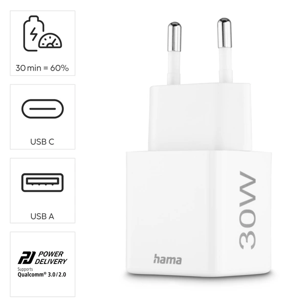 Hama rychlá USB nabíječka USB-C + USB-A, PD/QC, 30 W (rozbalený)