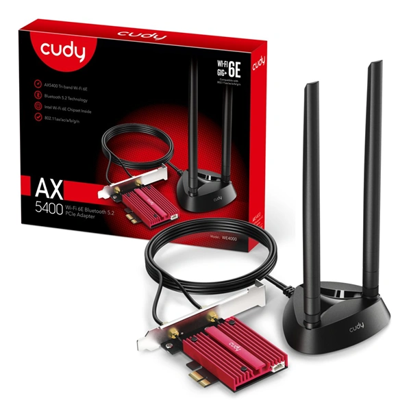Cudy AX5400 Wi-Fi 6E PCI-Express síťová karta, Tri-Band, ext. anténa se stojánkem (WE4000)