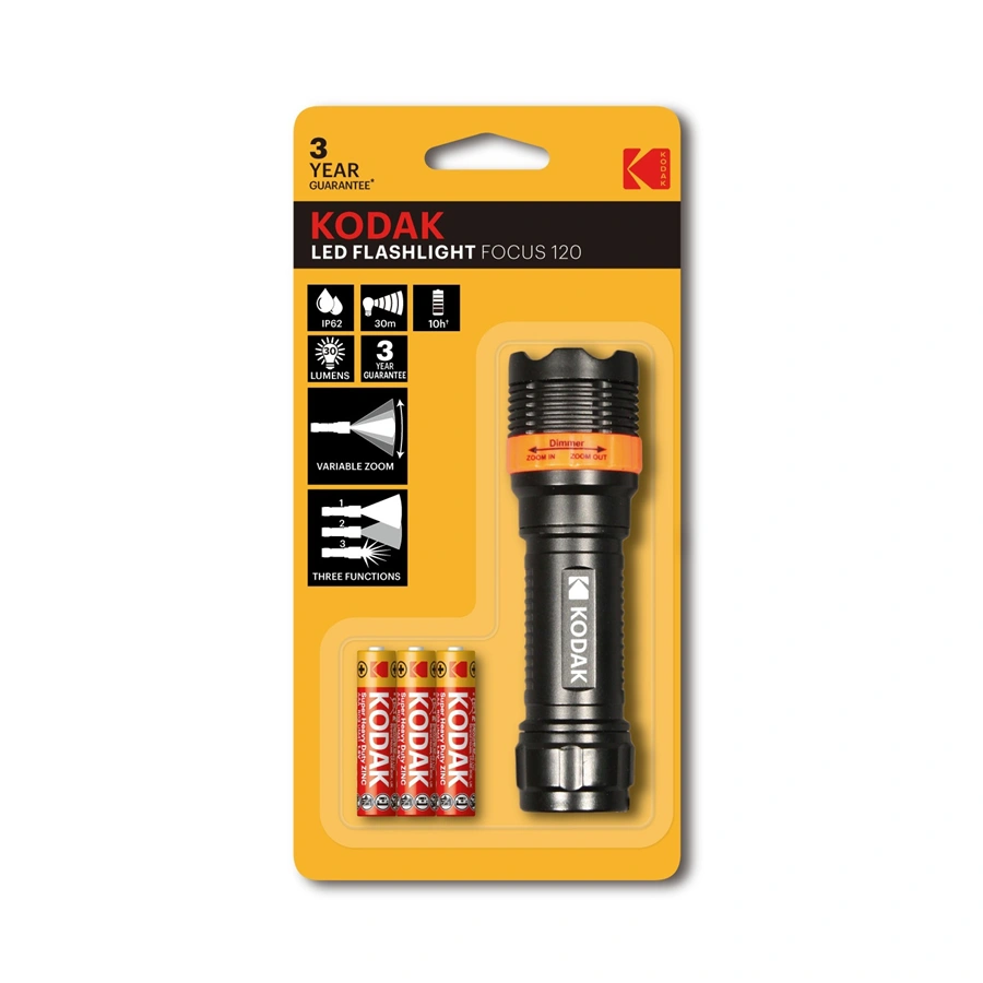 Kodak svítilna LED Focus 120 Flashlight, 30 Lumen + 3x AAA Extra Heavy Duty (rozbalený)